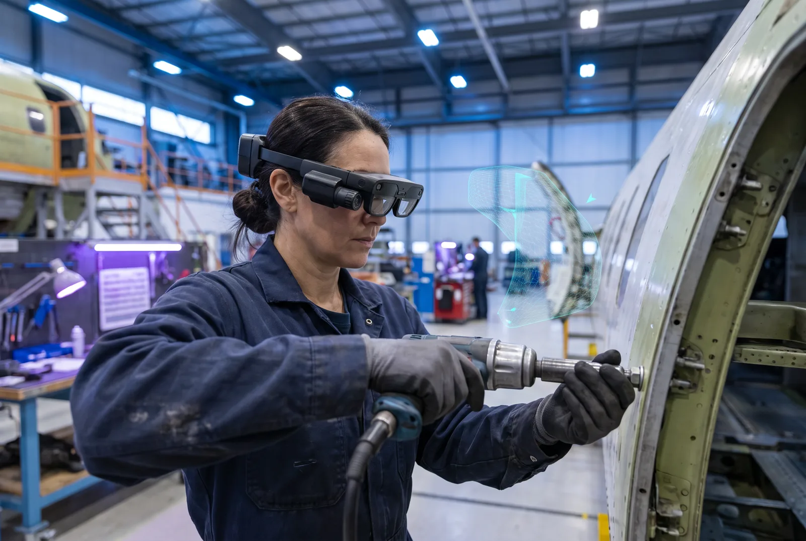 Aerospace technician following holographic AR guidance while working on a fuselage section