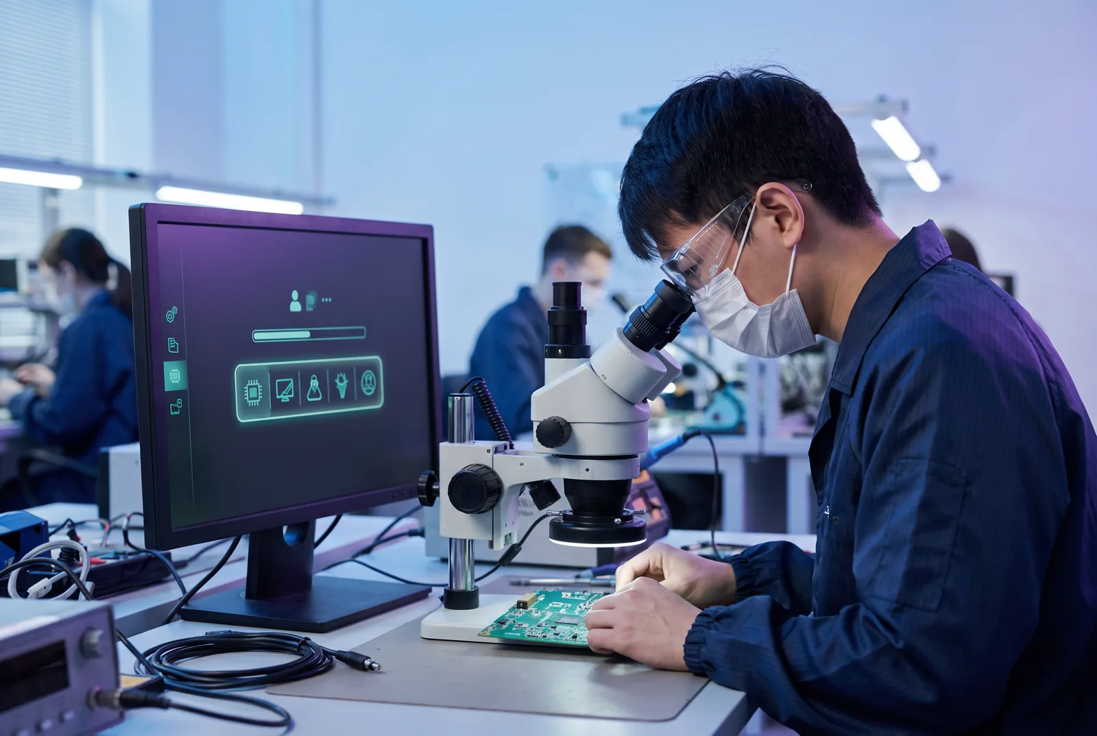 Electronics technician inspecting a circuit board under a microscope with a holographic highlight and an inspection checklist screen