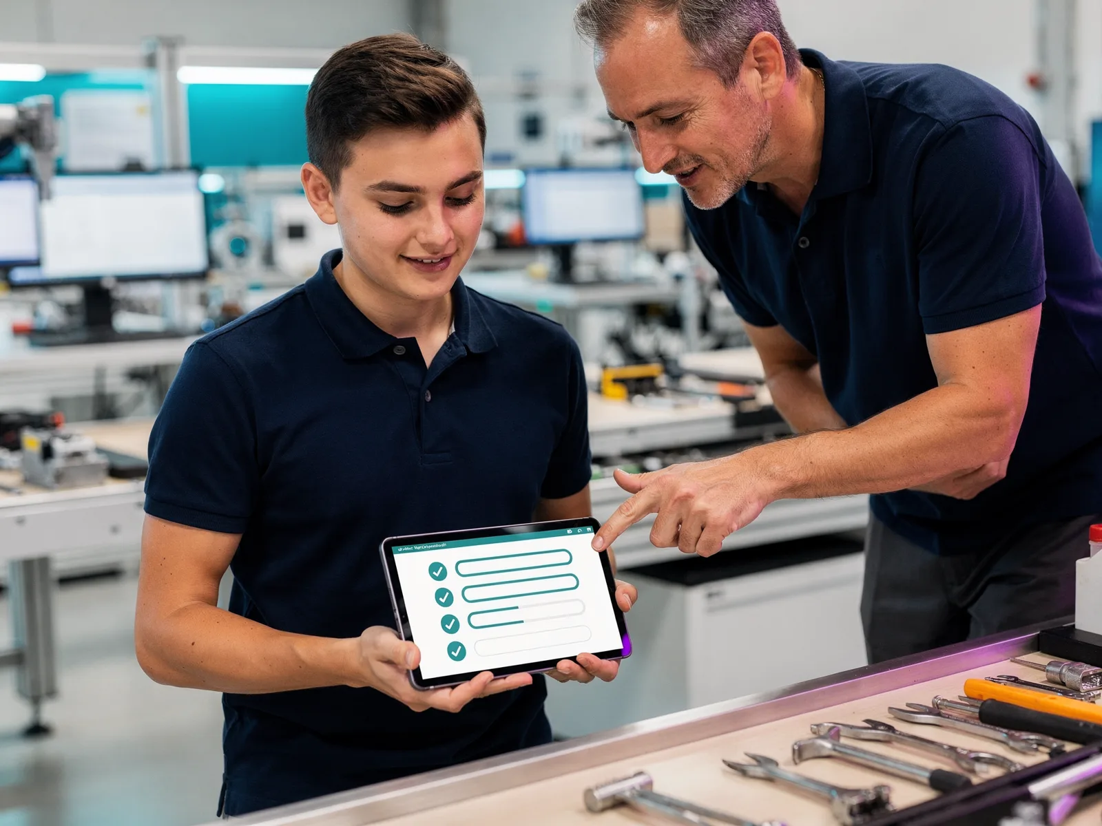 A mentor guiding a new hire through an onboarding checklist on a tablet
